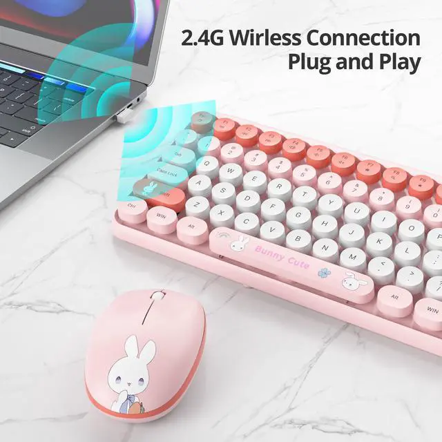 Alt view image 2 of 5 - Mosptnspg Girly Keyboard and Mouse Wireless, 2.4GHz Full-Sized Cute Pink Keyboard Mouse Set with Retro Typewriter Round Keys for Windows, Computer, Laptops, PC (Dot Pink)