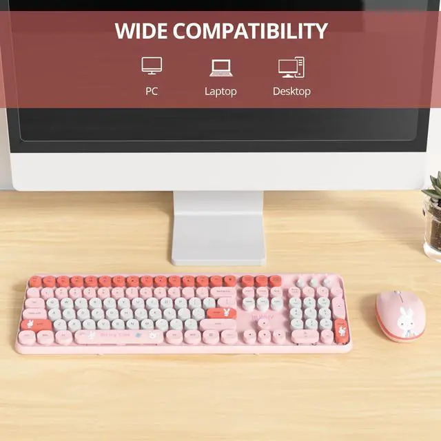 Alt view image 3 of 5 - Mosptnspg Girly Keyboard and Mouse Wireless, 2.4GHz Full-Sized Cute Pink Keyboard Mouse Set with Retro Typewriter Round Keys for Windows, Computer, Laptops, PC (Dot Pink)