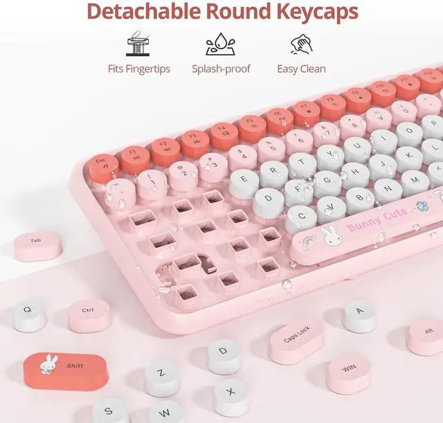 Alt view image 4 of 5 - Mosptnspg Girly Keyboard and Mouse Wireless, 2.4GHz Full-Sized Cute Pink Keyboard Mouse Set with Retro Typewriter Round Keys for Windows, Computer, Laptops, PC (Dot Pink)