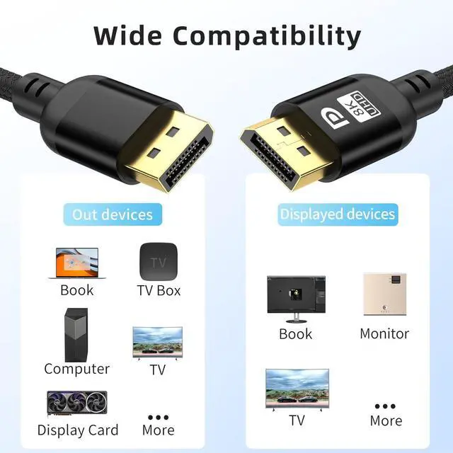 Alt view image 2 of 5 - Diyanisly 8K Long DisplayPort Cable 30FT, Braided High-Speed DP 1.4 Cable, Support 32.4Gbps 8K@60Hz 4K@120Hz 2K@240Hz, High Refresh Rate Durable Flexible for HDR DSC, Gaming Monitor/Graphics Card etc