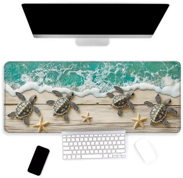 Main image of YEYE JUICE Large Mouse Pad, Big Gaming Mousepad, Desk Mat for Desktop, Thick Non-Slip Waterproof Rubber Base, Mouse Pads for Office, Computer, Keyboard, Laptop 31.5x11.8 in, Wood Grain Beach Turtle
