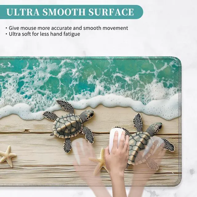 Alt view image 3 of 5 - YEYE JUICE Large Mouse Pad, Big Gaming Mousepad, Desk Mat for Desktop, Thick Non-Slip Waterproof Rubber Base, Mouse Pads for Office, Computer, Keyboard, Laptop 31.5x11.8 in, Wood Grain Beach Turtle