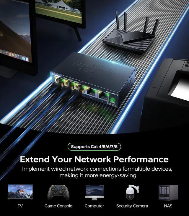 Alt view image 2 of 5 - EWIND 2025 Upgraded 5 Port Gigabit Ethernet Switch with LED&VLAN Isolation, Lifetime Protection, Plug & Play Unmanaged Network Switch, Fanless Quiet, Desktop/Wall Mount Metal Ethernet Splitter