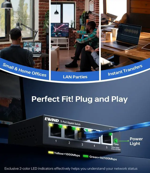 Alt view image 5 of 5 - EWIND 2025 Upgraded 5 Port Gigabit Ethernet Switch with LED&VLAN Isolation, Lifetime Protection, Plug & Play Unmanaged Network Switch, Fanless Quiet, Desktop/Wall Mount Metal Ethernet Splitter