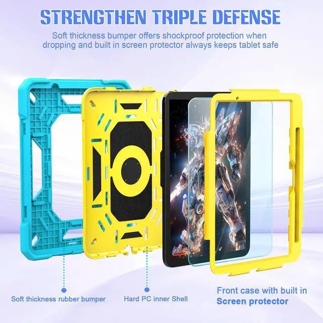 Alt view image 2 of 5 - KCJ for iPad Air 11 Inch Case M3 2025 7th Generation & M2 2024 6th Generation, with Tempered Glass Screen Protector,Rugged Protective Case with Folding Stand/Pencil Holder/Shoulder Strap(Blue+Yellow)