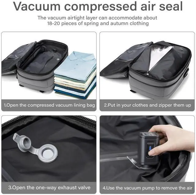 Alt view image 3 of 5 - FABIEN CHERON Travel Backpack with Vacuum System,60L Expandable Vacuum Backpack Travel with TSA Lock,17.3 inch Laptop Backpacks Vacpack Backpacks with Vacuum(Grey,External Air Pump)