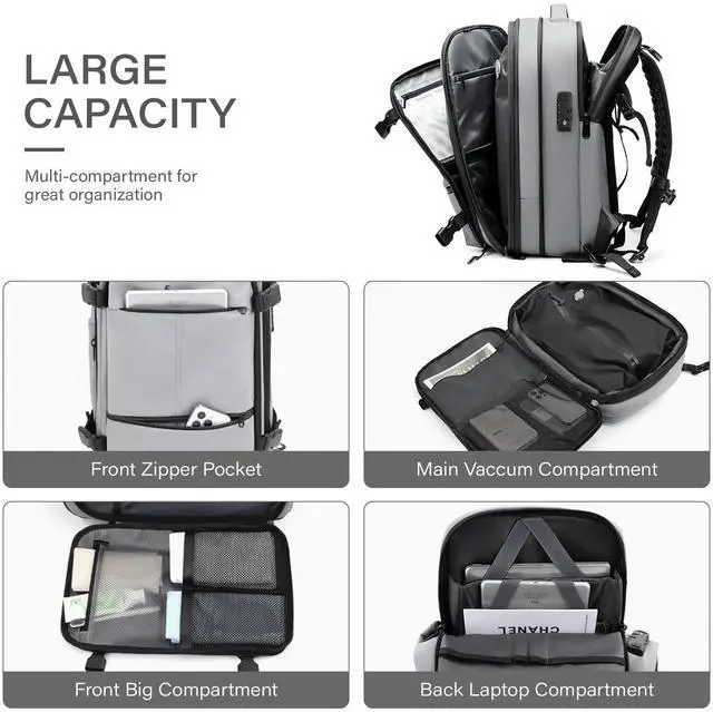 Alt view image 4 of 5 - FABIEN CHERON Travel Backpack with Vacuum System,60L Expandable Vacuum Backpack Travel with TSA Lock,17.3 inch Laptop Backpacks Vacpack Backpacks with Vacuum(Grey,External Air Pump)
