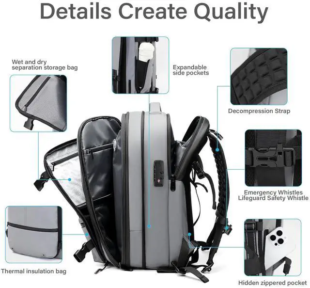 Alt view image 5 of 5 - FABIEN CHERON Travel Backpack with Vacuum System,60L Expandable Vacuum Backpack Travel with TSA Lock,17.3 inch Laptop Backpacks Vacpack Backpacks with Vacuum(Grey,External Air Pump)