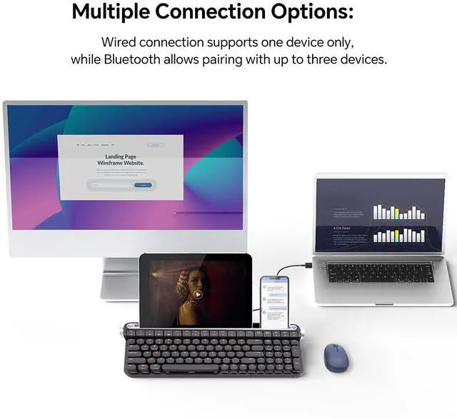 Alt view image 3 of 5 - Retro Typewriter Mechanical Keyboard with Tablet Stand, 100 Keys LED Backlit, ABS+PBT Keycaps, Wired/Bluetooth, Blue Switch, Compatible with Windows/Mac/iOS/Android (Black)