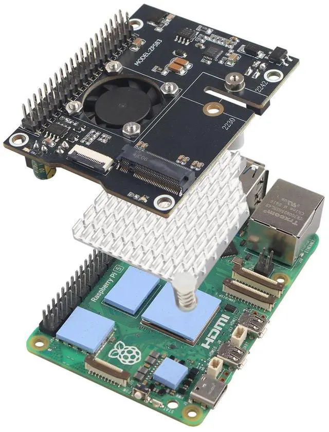 Main image of ZDE ZP583 PoE+ HAT PCIe to M.2 Key M NVMe SSD Adapter Board Power Over Ethernet with Aluminum Heatsink Onboard Cooling Fan for Raspberry Pi 5 Support 802.3af/at Network Standard M.2 NVMe SSD 2230 2242