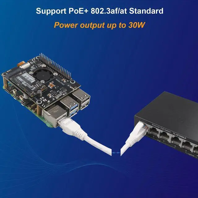 Alt view image 2 of 5 - ZDE ZP583 PoE+ HAT PCIe to M.2 Key M NVMe SSD Adapter Board Power Over Ethernet with Aluminum Heatsink Onboard Cooling Fan for Raspberry Pi 5 Support 802.3af/at Network Standard M.2 NVMe SSD 2230 2242