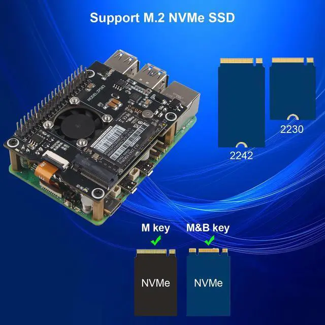 Alt view image 3 of 5 - ZDE ZP583 PoE+ HAT PCIe to M.2 Key M NVMe SSD Adapter Board Power Over Ethernet with Aluminum Heatsink Onboard Cooling Fan for Raspberry Pi 5 Support 802.3af/at Network Standard M.2 NVMe SSD 2230 2242