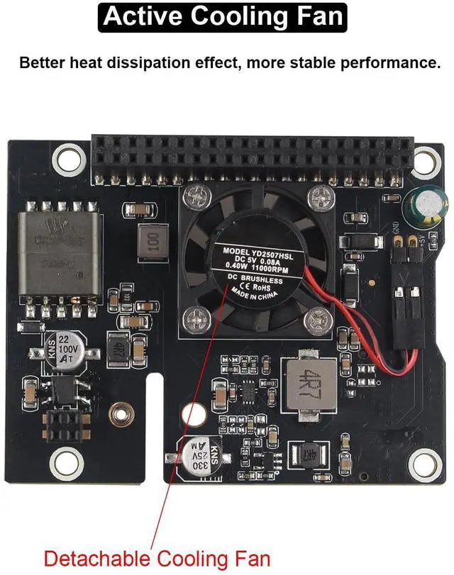 Alt view image 4 of 5 - ZDE ZP583 PoE+ HAT PCIe to M.2 Key M NVMe SSD Adapter Board Power Over Ethernet with Aluminum Heatsink Onboard Cooling Fan for Raspberry Pi 5 Support 802.3af/at Network Standard M.2 NVMe SSD 2230 2242