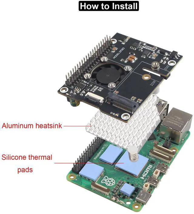 Alt view image 5 of 5 - ZDE ZP583 PoE+ HAT PCIe to M.2 Key M NVMe SSD Adapter Board Power Over Ethernet with Aluminum Heatsink Onboard Cooling Fan for Raspberry Pi 5 Support 802.3af/at Network Standard M.2 NVMe SSD 2230 2242