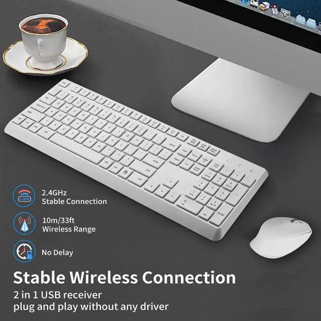Alt view image 4 of 5 - Wireless Keyboard and Mouse Combo, HUO JI 2.4G Full-Size Computer Keyboard, Quiet and Soft Ergonomic Wireless Mouse for Windows, Laptop/PC/PS/Mac Desktop, White