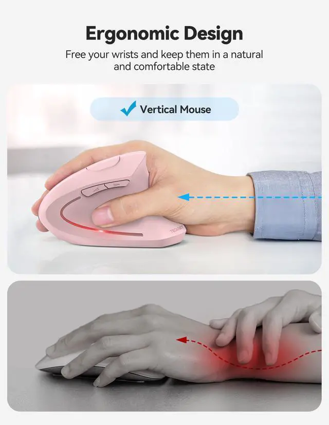 Alt view image 4 of 5 - TECKNET Ergonomic Mouse, Rechargeable 2.4G+Bluetooth Vertical Mice 6 DPI Adjustable, Wireless Optical Carpal Tunnel Mouse Right Hand, Multi Device for Laptop, PC, Computer, MacBook, iPad - Pink
