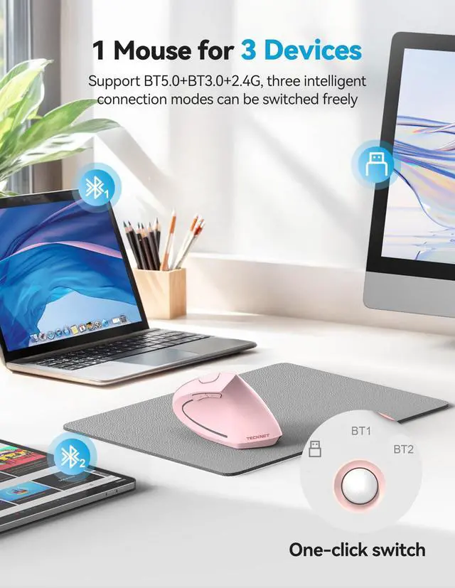Alt view image 2 of 5 - TECKNET Ergonomic Mouse, Rechargeable 2.4G+Bluetooth Vertical Mice 6 DPI Adjustable, Wireless Optical Carpal Tunnel Mouse Right Hand, Multi Device for Laptop, PC, Computer, MacBook, iPad - Pink