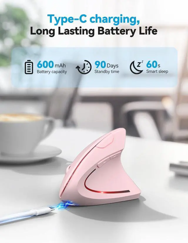 Alt view image 3 of 5 - TECKNET Ergonomic Mouse, Rechargeable 2.4G+Bluetooth Vertical Mice 6 DPI Adjustable, Wireless Optical Carpal Tunnel Mouse Right Hand, Multi Device for Laptop, PC, Computer, MacBook, iPad - Pink