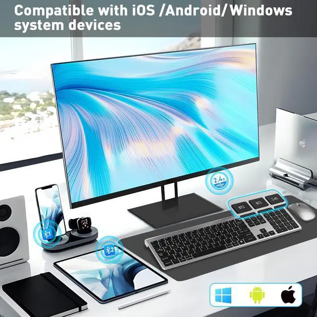 Alt view image 2 of 5 - Wireless Keyboard and Mouse Combo,Bluetooth and 2.4GHz Wireless Full Size Keyboard and Adjustable DPI Mouse,USB-C Rechargeable for Laptop/PC/Notebook/Desktop-Space Grey