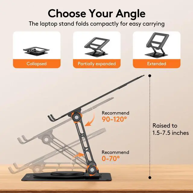 Alt view image 3 of 5 - TECKNET Laptop Stand for Desk, 360 Rotating Base, Ergonomic Foldable Computer Stand for Laptop Riser Height Adjustable, Compatible with MacBook Pro, All Laptops 10-17" - Black