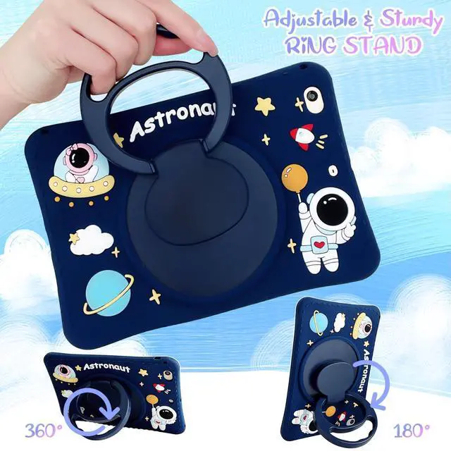 Alt view image 3 of 5 - Kids Case for iPad (A16) 11th Gen 11" 2025/iPad 10th Generation 10.9 inch 2022,UUcovers 360° Rotating Ring Handle/Stand Case with Pencil Holder/Shoulder Strap Girl Boy Cute Soft Cover,Astronaut Space