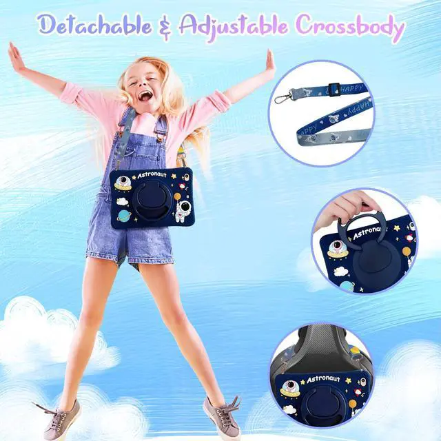 Alt view image 4 of 5 - Kids Case for iPad (A16) 11th Gen 11" 2025/iPad 10th Generation 10.9 inch 2022,UUcovers 360° Rotating Ring Handle/Stand Case with Pencil Holder/Shoulder Strap Girl Boy Cute Soft Cover,Astronaut Space