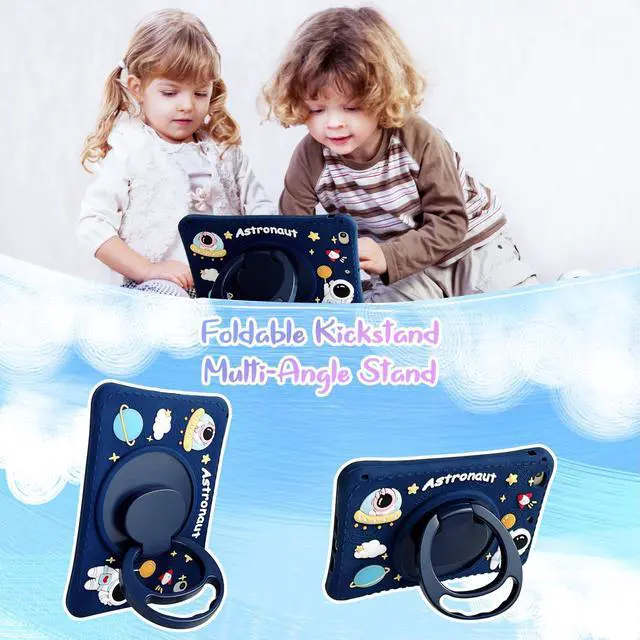 Alt view image 5 of 5 - Kids Case for iPad (A16) 11th Gen 11" 2025/iPad 10th Generation 10.9 inch 2022,UUcovers 360° Rotating Ring Handle/Stand Case with Pencil Holder/Shoulder Strap Girl Boy Cute Soft Cover,Astronaut Space
