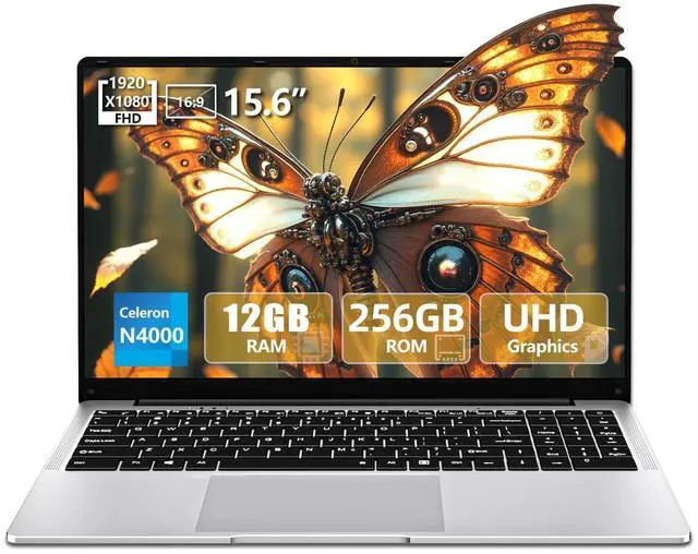 Main image of 15.6 inch Laptop, Laptops with Celeron N4000, 2025 Gaming Laptop for 12GB LPDDR4 256GB SSD, IPS FHD 1920x1080, WiFi+BT4.2+Mini HDMI+TF Card Slot, Traditional Laptops Computers Convertible 180° Netbook