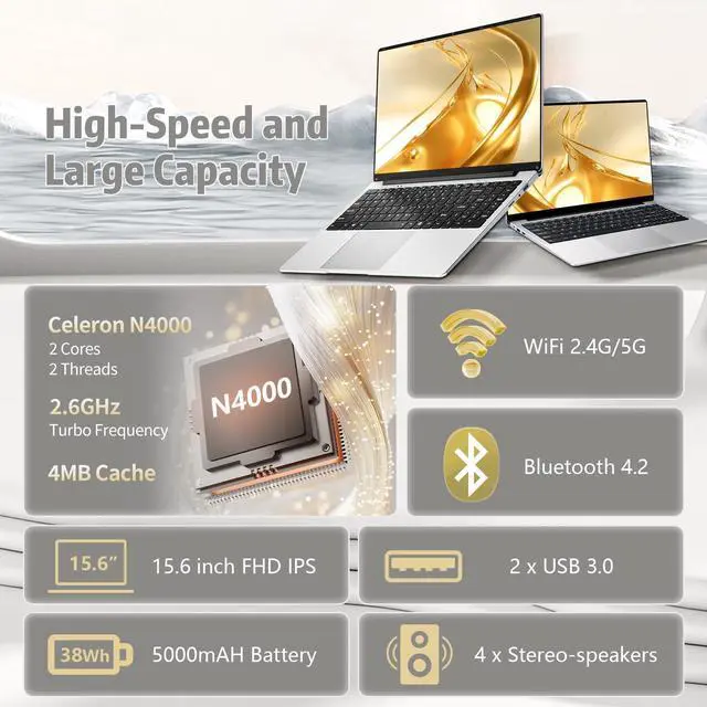 Alt view image 2 of 5 - 15.6 inch Laptop, Laptops with Celeron N4000, 2025 Gaming Laptop for 12GB LPDDR4 256GB SSD, IPS FHD 1920x1080, WiFi+BT4.2+Mini HDMI+TF Card Slot, Traditional Laptops Computers Convertible 180° Netbook