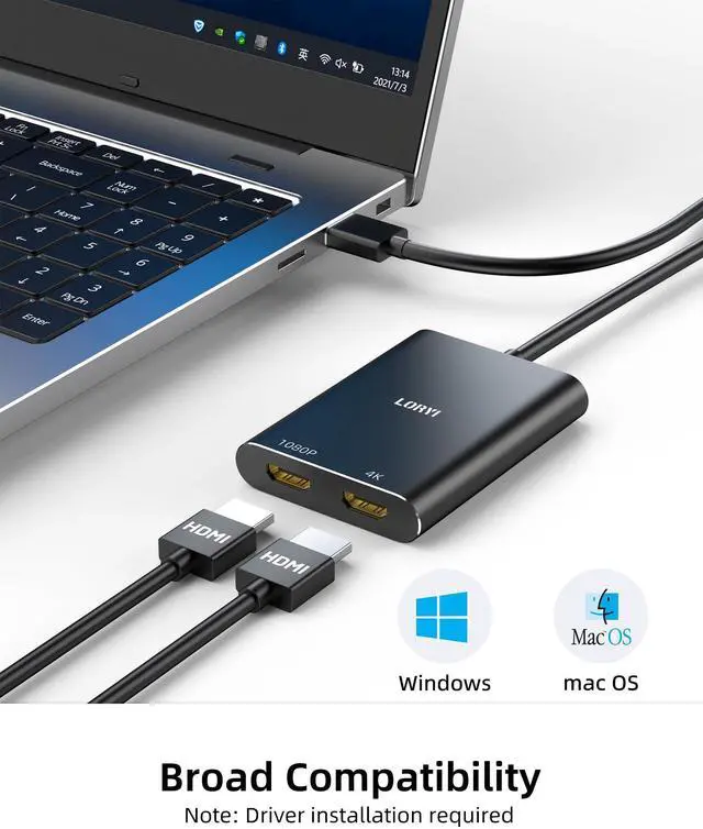 Alt view image 3 of 5 - Loryi USB 3.0 to Dual HDMI Adapter Compatible with Windows/Mac OS, 4K@30Hz/1080P@60Hz, Hdmi USB to HDMI Splitter, MST Mode, USB to hdmi Adapter for 2 Monitors