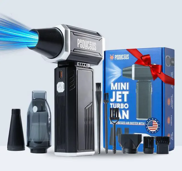 Main image of Producious Mini Jet Turbo Fan Compressed Electric Air Duster with Vacuum  180000 RPM, 2-in-1 Cordless Vacuum & Blower for Electronics, Car, and Office  USB-C Rechargeable