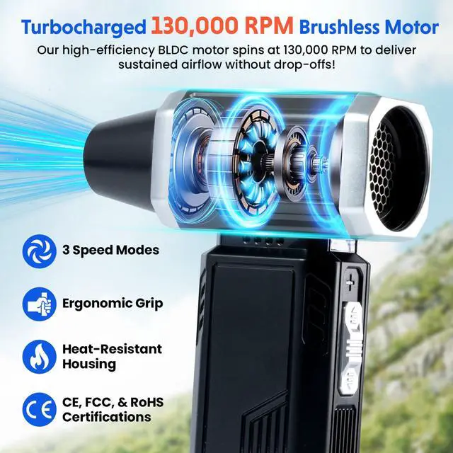 Alt view image 2 of 5 - Producious Mini Jet Turbo Fan Compressed Electric Air Duster with Vacuum  180000 RPM, 2-in-1 Cordless Vacuum & Blower for Electronics, Car, and Office  USB-C Rechargeable