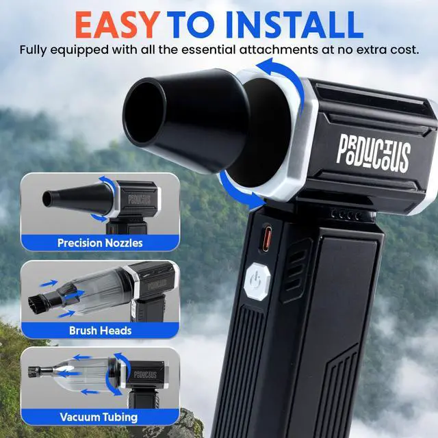 Alt view image 5 of 5 - Producious Mini Jet Turbo Fan Compressed Electric Air Duster with Vacuum  180000 RPM, 2-in-1 Cordless Vacuum & Blower for Electronics, Car, and Office  USB-C Rechargeable