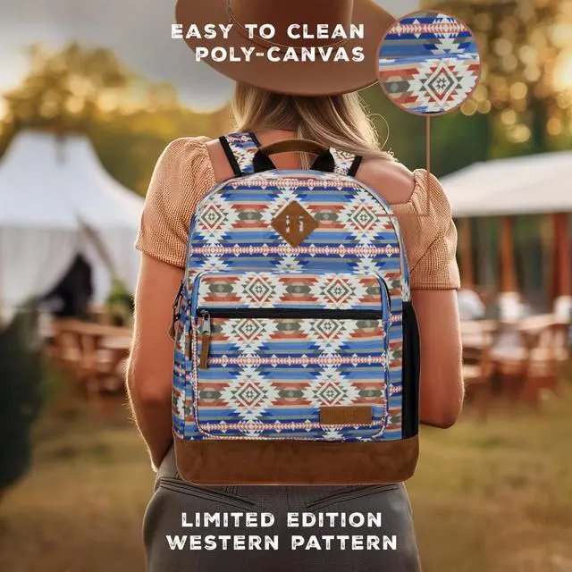 Alt view image 3 of 5 - Wrangler Yellowstone Sturdy Backpack for Travel Classic Logo Water Resistant Casual Daypack for Travel with Padded Laptop Notebook Sleeve (Tan Patterned)