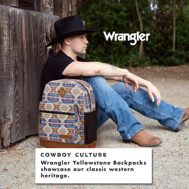 Alt view image 4 of 5 - Wrangler Yellowstone Sturdy Backpack for Travel Classic Logo Water Resistant Casual Daypack for Travel with Padded Laptop Notebook Sleeve (Tan Patterned)