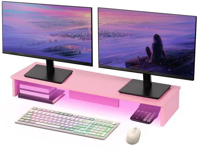 Main image of Qupui Dual Monitor Stand Riser with LED Lights, Large Monitor Stand for Desk, Computer Monitor Stand for 2 Monitors, Desk Shelf for Top of Desk, Desktop Organizer for Laptop, Printer, TV, Pink