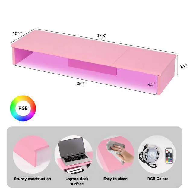 Alt view image 2 of 5 - Qupui Dual Monitor Stand Riser with LED Lights, Large Monitor Stand for Desk, Computer Monitor Stand for 2 Monitors, Desk Shelf for Top of Desk, Desktop Organizer for Laptop, Printer, TV, Pink