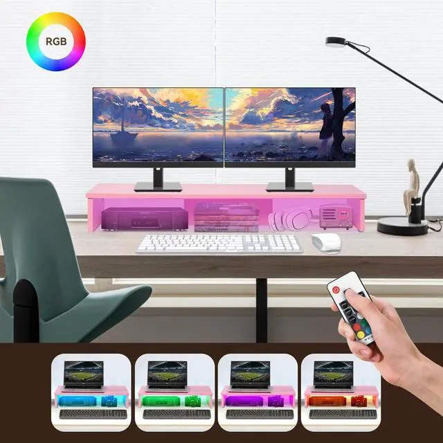 Alt view image 3 of 5 - Qupui Dual Monitor Stand Riser with LED Lights, Large Monitor Stand for Desk, Computer Monitor Stand for 2 Monitors, Desk Shelf for Top of Desk, Desktop Organizer for Laptop, Printer, TV, Pink