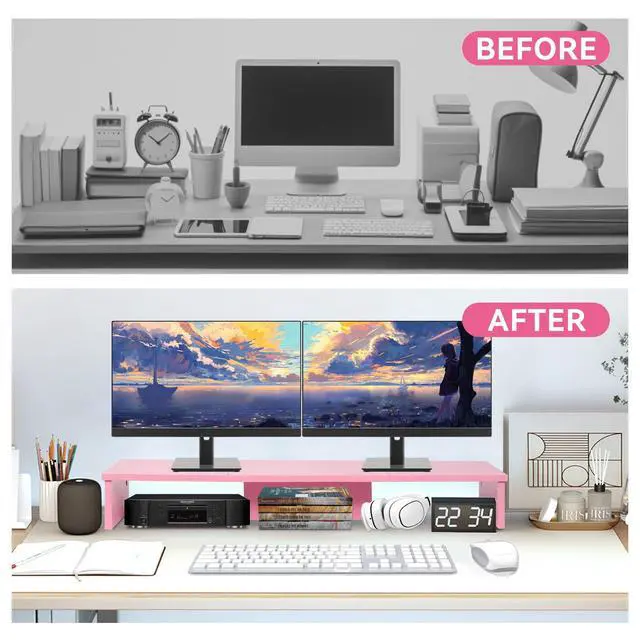 Alt view image 4 of 5 - Qupui Dual Monitor Stand Riser with LED Lights, Large Monitor Stand for Desk, Computer Monitor Stand for 2 Monitors, Desk Shelf for Top of Desk, Desktop Organizer for Laptop, Printer, TV, Pink