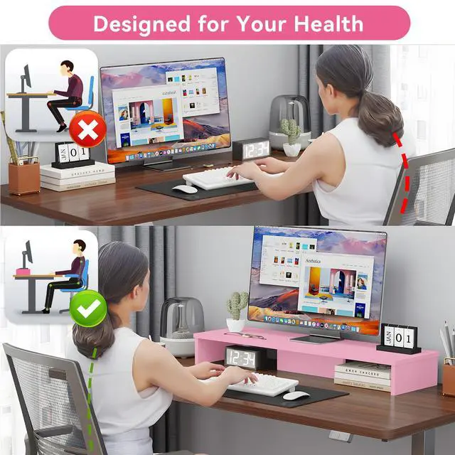 Alt view image 5 of 5 - Qupui Dual Monitor Stand Riser with LED Lights, Large Monitor Stand for Desk, Computer Monitor Stand for 2 Monitors, Desk Shelf for Top of Desk, Desktop Organizer for Laptop, Printer, TV, Pink
