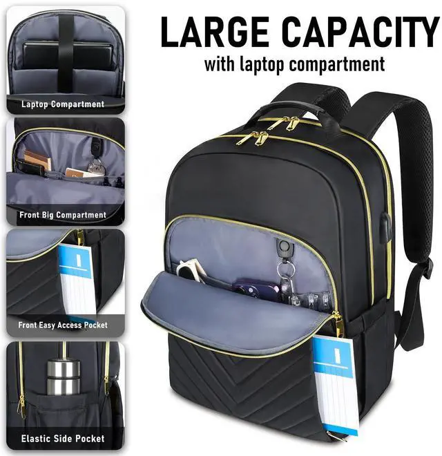 Alt view image 3 of 5 - Backpack for Women,17.3 Inch School Backpacks with USB Port, Business Travel Laptop Backpack, School Bookbag for Girl, College Backpack for Student, Womens Large Backpacks Purse Work Bag, Black