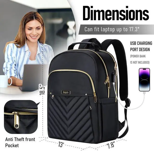 Alt view image 5 of 5 - Backpack for Women,17.3 Inch School Backpacks with USB Port, Business Travel Laptop Backpack, School Bookbag for Girl, College Backpack for Student, Womens Large Backpacks Purse Work Bag, Black