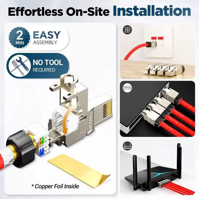 Alt view image 3 of 5 - AMPCOM STP CAT7A RJ45 Connector, Zinc Alloy, Tool-Free, 10Gbps, Enterprise, Industrial Grade RJ45 Connector 6-Pack