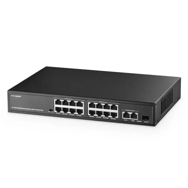 Main image of POE Switch 19 Port , 16 POE+ 100Mbps, 2 Gigabit Uplink, 1 SFP, IEEE802.3af/at, 300W Internal Power Supply, Metal Case Unmanaged Plug and Play Binardat Ethernet Switch