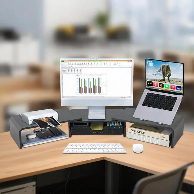 Alt view image 2 of 5 - LEKETREE Dual Monitor Stand Riser with Drawer, Computer Stand for Desk, Workspace Desktop Stand, Desk Organizer for Computer, Laptop, TV and More (Black)