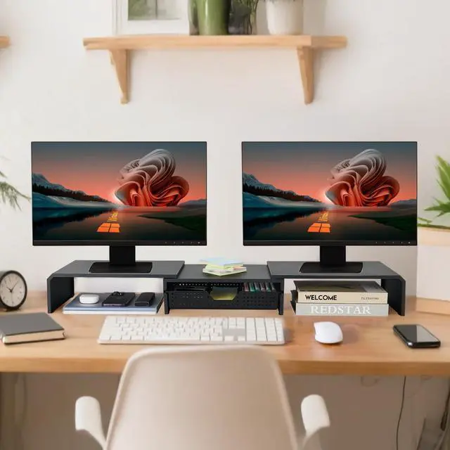 Alt view image 3 of 5 - LEKETREE Dual Monitor Stand Riser with Drawer, Computer Stand for Desk, Workspace Desktop Stand, Desk Organizer for Computer, Laptop, TV and More (Black)
