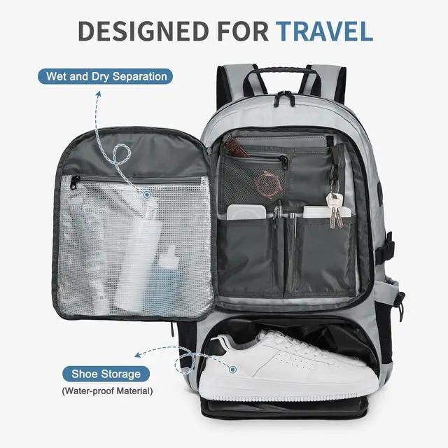 Alt view image 4 of 5 - SUIKIHUM Travel Backpack, 45L Expandable Large Laptop Backpack, Carry on Backpack Airline Approved Water Resistant Fits 17-inch Laptops for Travel Business, Light Grey