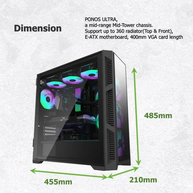 Alt view image 2 of 5 - RAIJINTEK PONOS Ultra MS4 E-ATX Mid Tower PC Case, Opening Tempered Glass Side Panel, Pre-Install 4 ARGB Fans, Mesh Front Panel, Black (0R20B00226)
