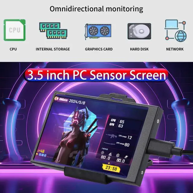 Alt view image 4 of 5 - ARCADORA 3.5inch Secondary Screen Monitor, Computer Temp Monitor, PC Sensor Panel Display, PC Temperature Display with Cables