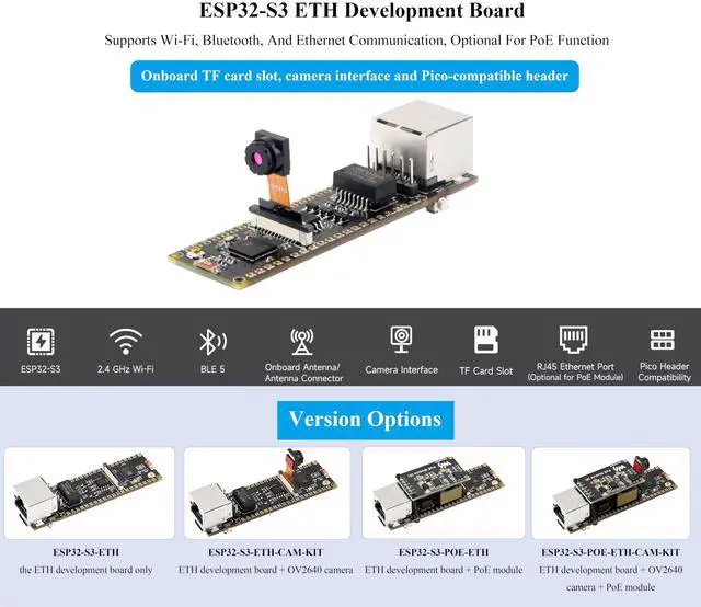 Alt view image 3 of 5 - ESP32-S3 Ethernet Development Board, 10/100Mbps RJ45 Ethernet Port, 240MHz Dual Core Processor, Onboard Type-C Port & TF Card Slot, Support Wi-Fi & BLE & ETH Communication, with OV2640 Camera